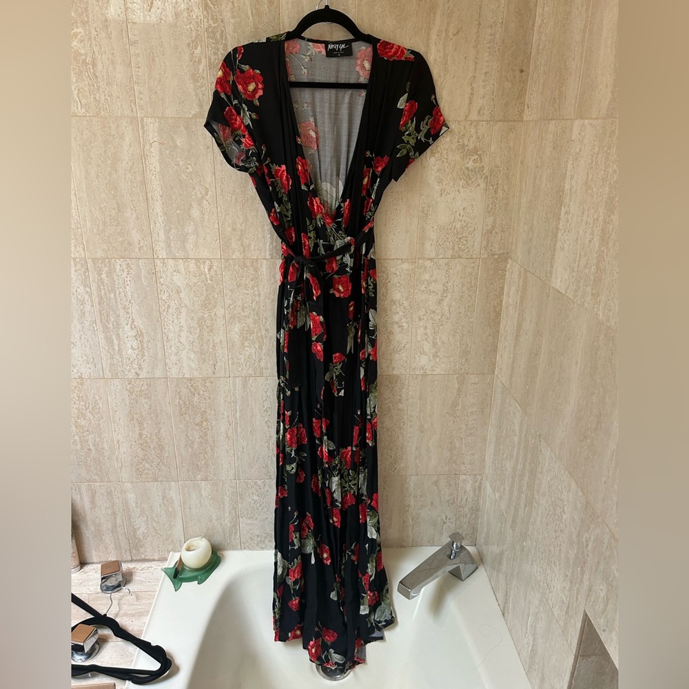 Nasty Gal Floral Wrap Dress (Small) - Black/Red